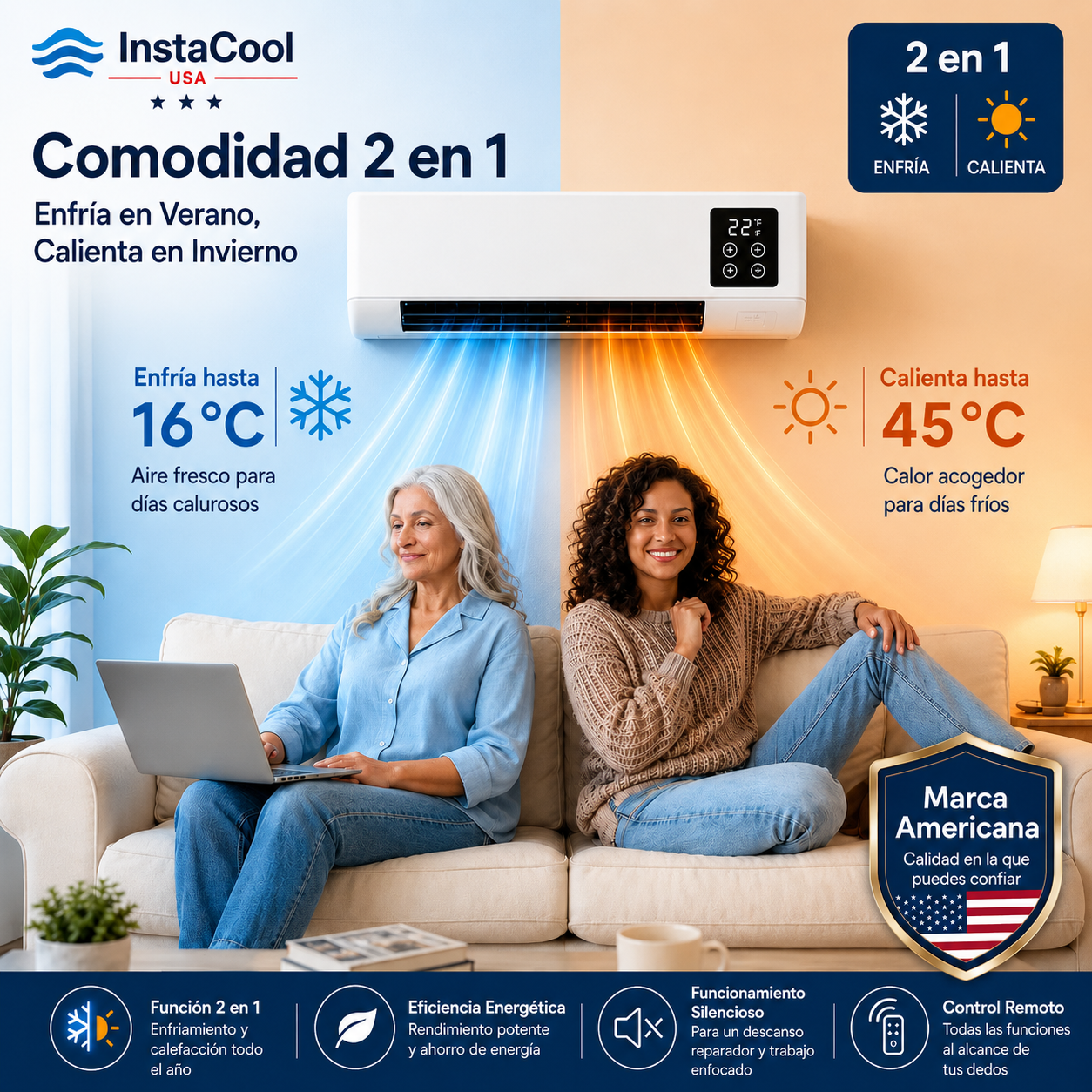 InstaCool Pro - Aire acondicionado portátil – No requiere instalación | 2 en 1 | Cubre hasta 550 pies cuadrados